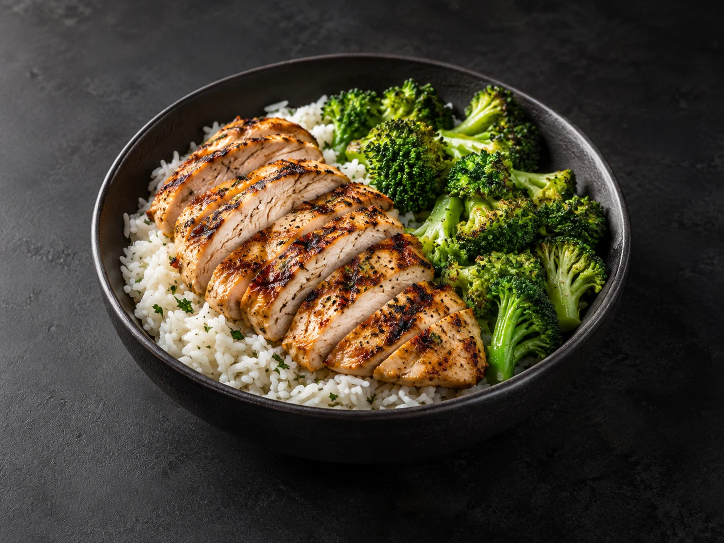 Grilled chicken, rice and broccoli meal prep bowl